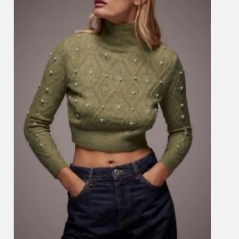 Zara Olive Green Cropped Turtleneck Sweater with Bead Detail